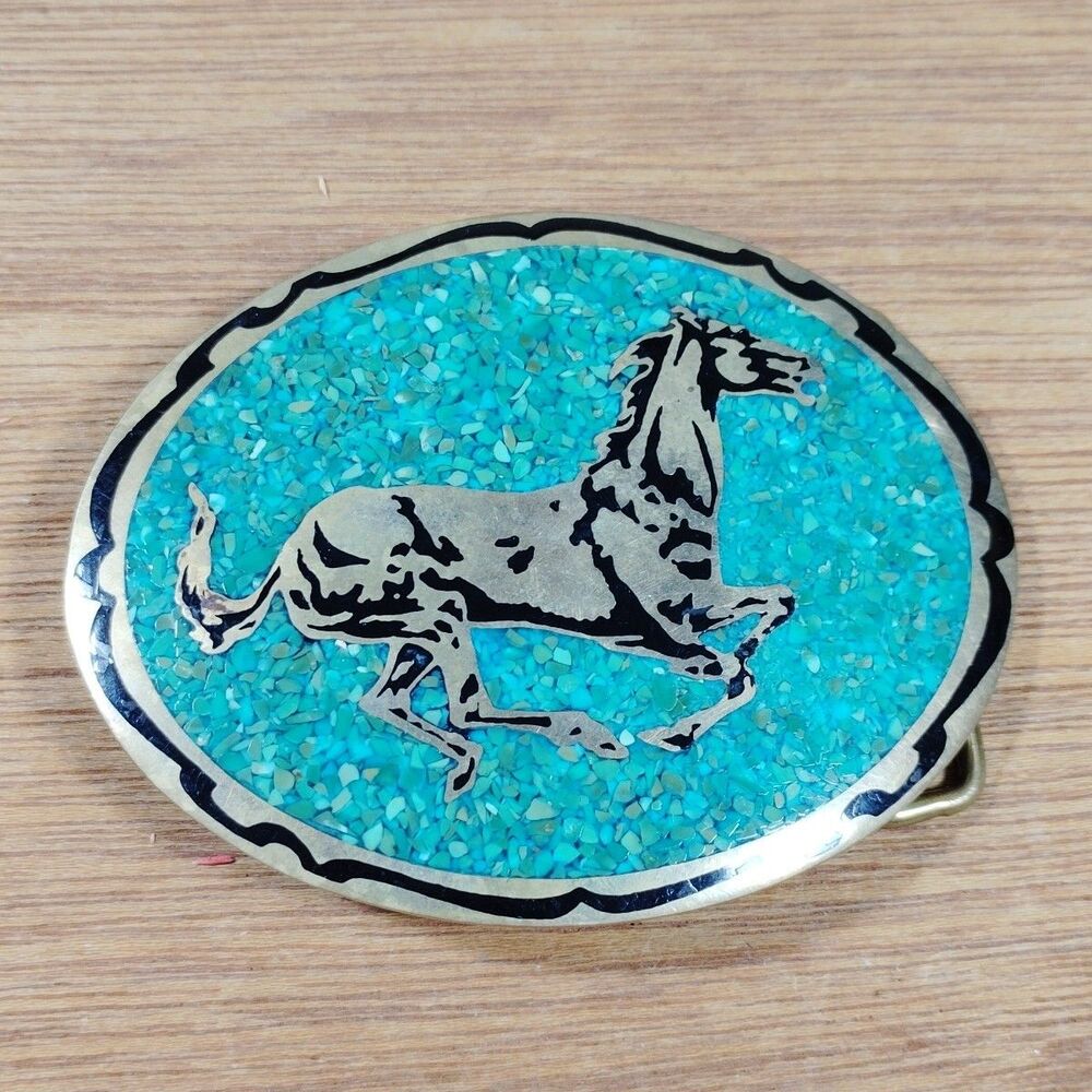 Vintage Belt Buckle Turquoise Chip Inlay Horse Oval Western Rodeo Cowboy 1981